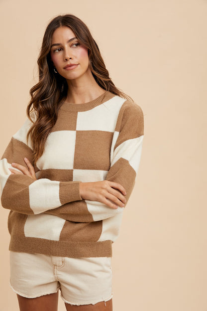 Annie Wear - Checkered Round Neck Dropped Shoulder Sweater