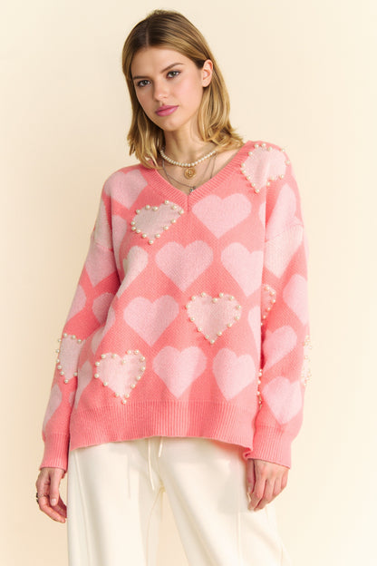 Davi & Dani - Heart Pearl Side Slit V Neck Sweater