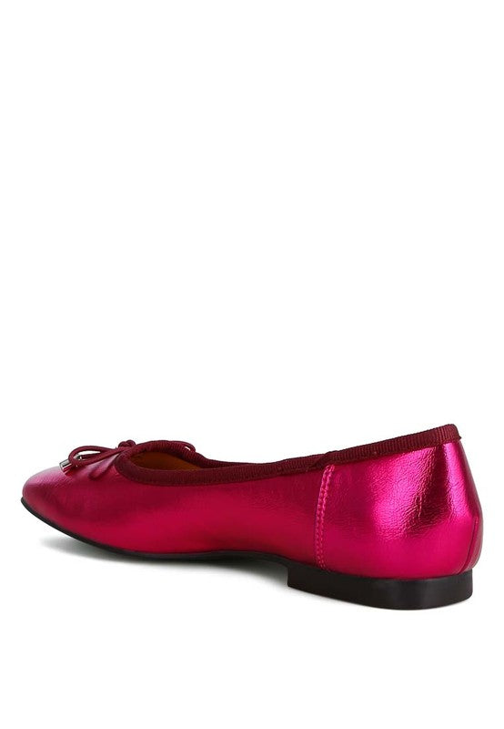 PRIMROSE Metallic Pleather Bow Ballerinas