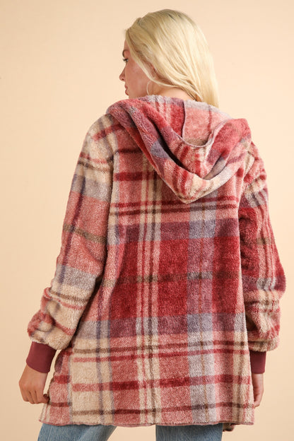 VERY J Fuzzy Plaid Lightweight Hooded Jacket