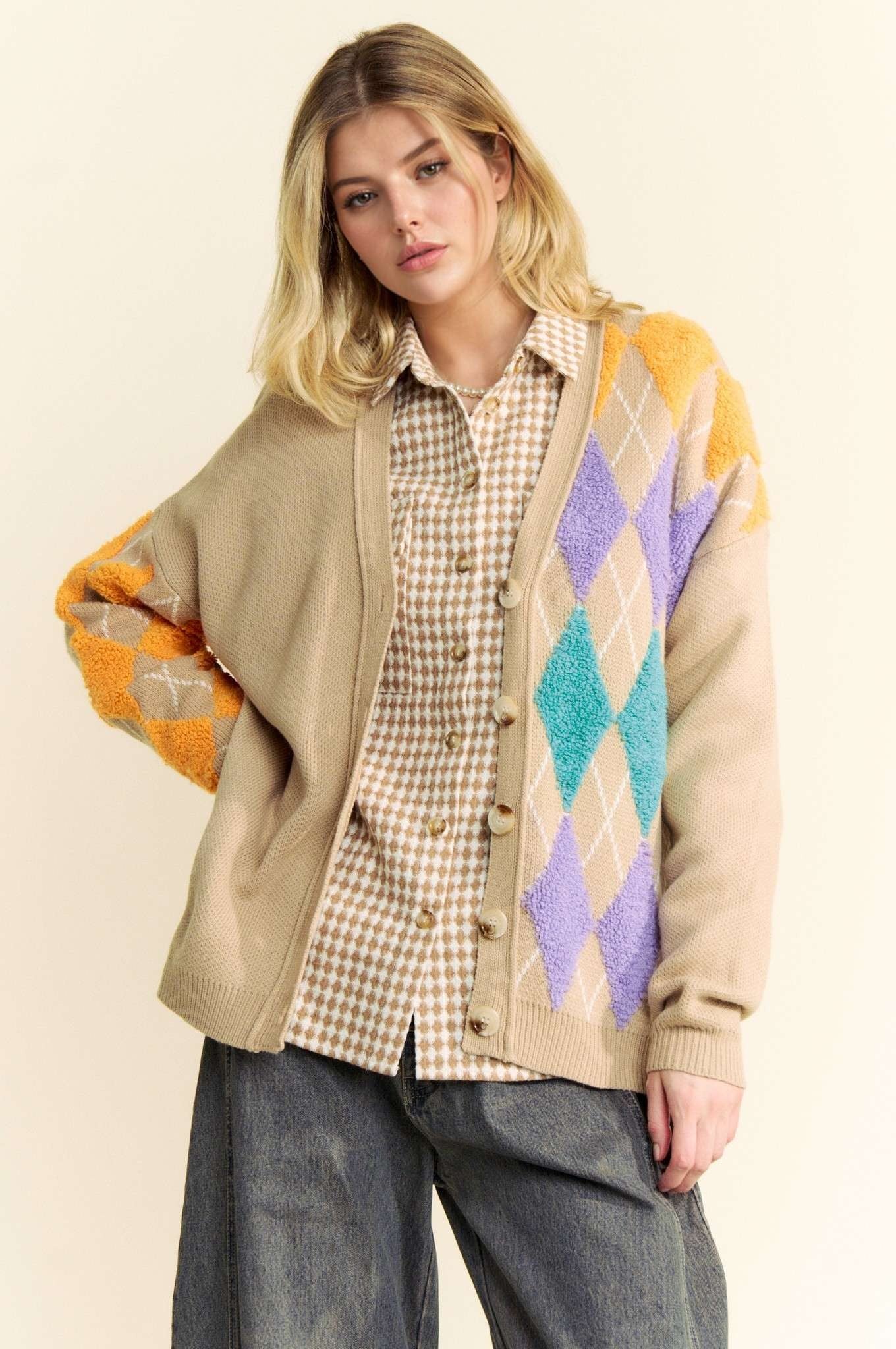 Davi & Dani - Argyle Dropped Shoulder Knit Cardigan