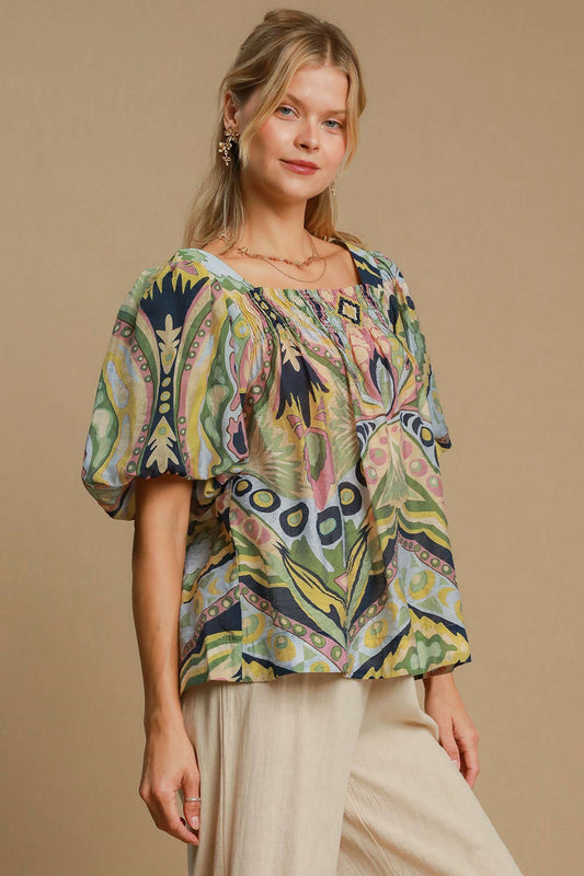 Umgee - Full Size Abstract Print Smocked Square Neck Puff Sleeve Blouse