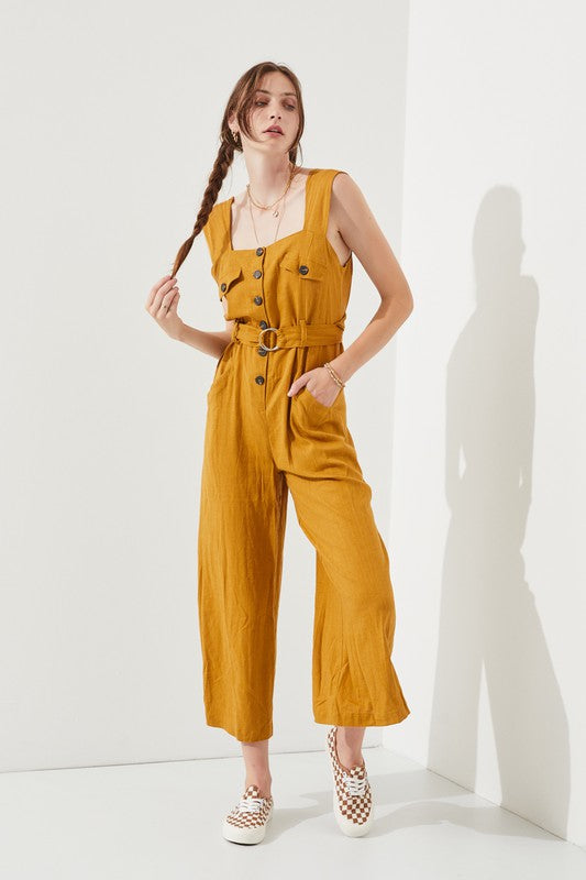 Jade By Jane Plus Size - Square Neck Button-Down Ankle Jumpsuit