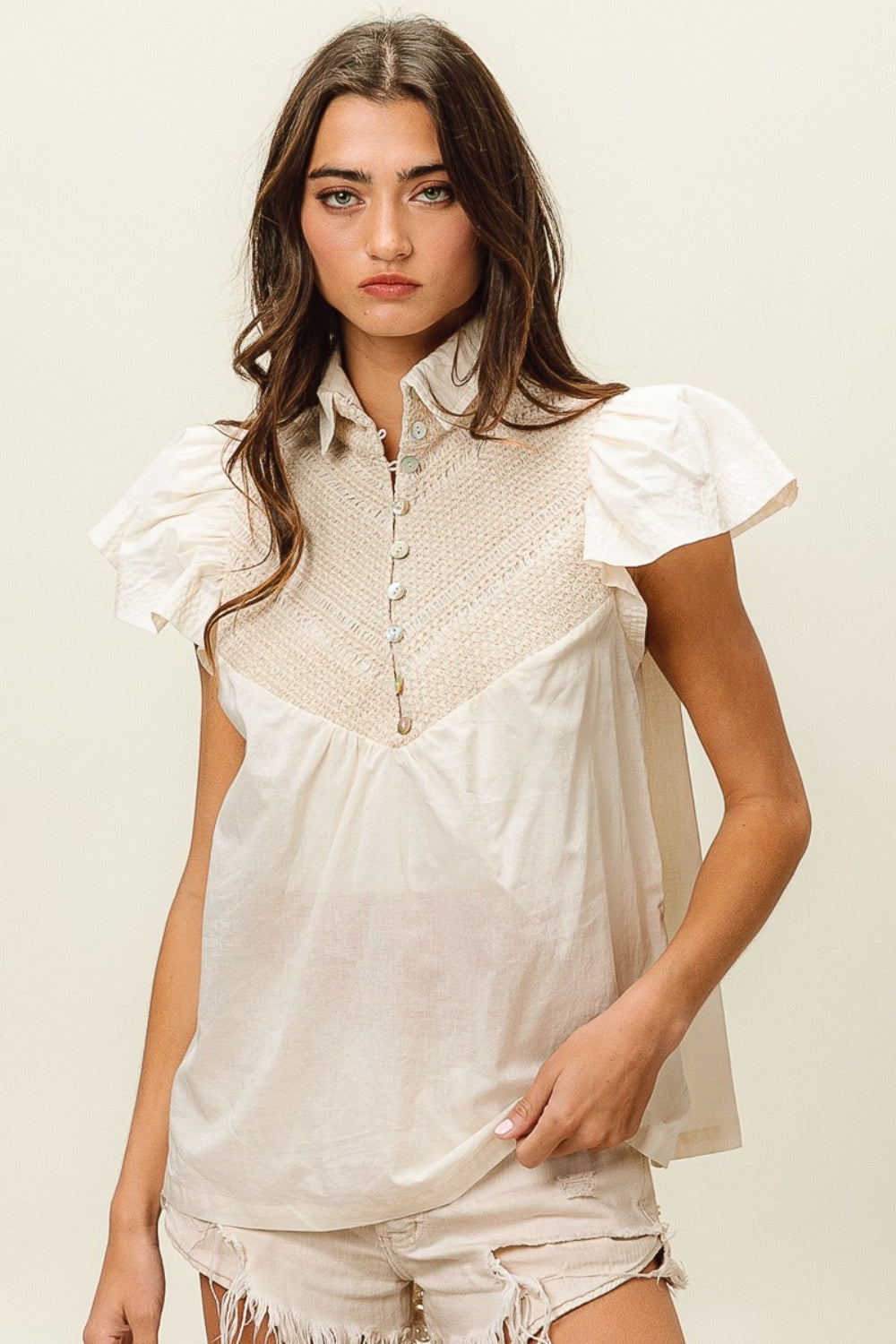 BiBi Button Collared Neck Top