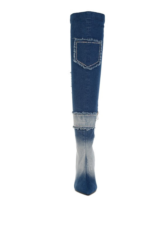 EILISH Rhinestone Knee - High Denim Boots