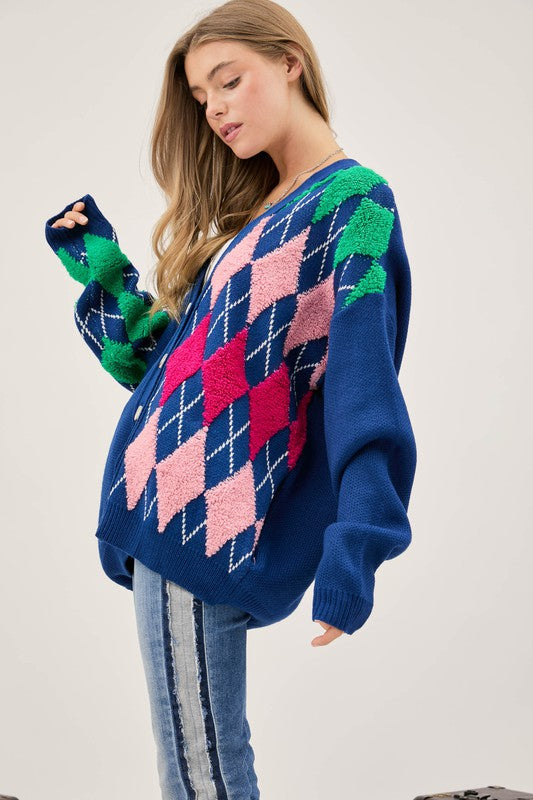 Davi & Dani Plush Argyle Knit Cardigan