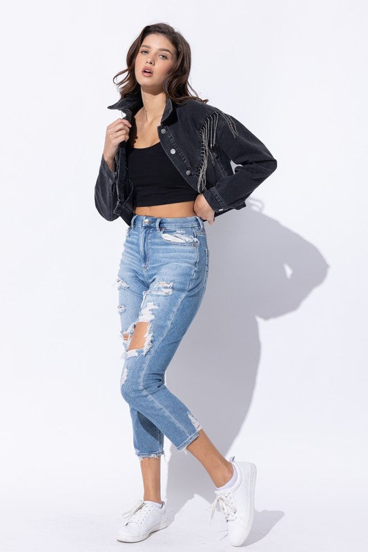 Sweet Generis Crop Denim Jacket with Rhinestone Fringe