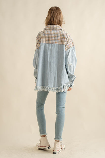 Sweet Generis - Tweed Mixed Denim Shacket with Fringed Hem