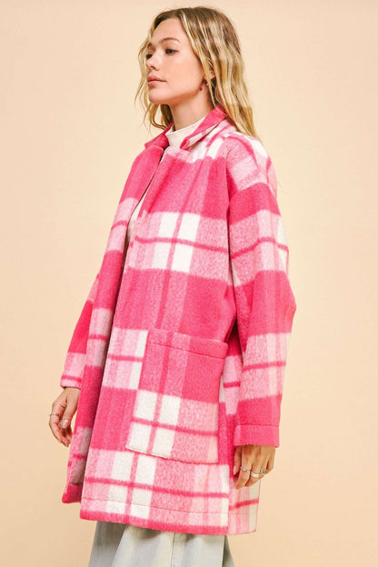 Davi & Dani - Plaid Open Front Drop Shoulder Longline Coat