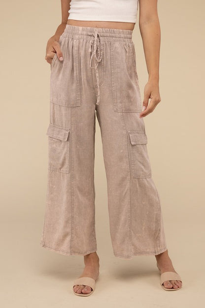 ZENANA Washed Linen Cargo Pants