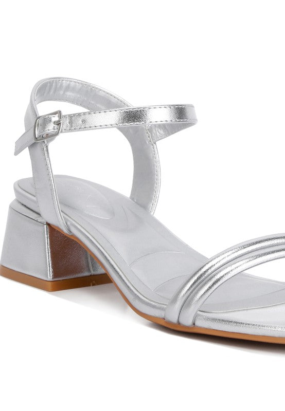 ZABOU Metallic Ankle Strap Low Block Heel Sandal