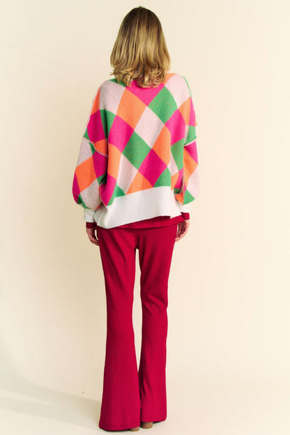 Davi & Dani - Exposed Seam Color Block Dropped Shoulder Sweater