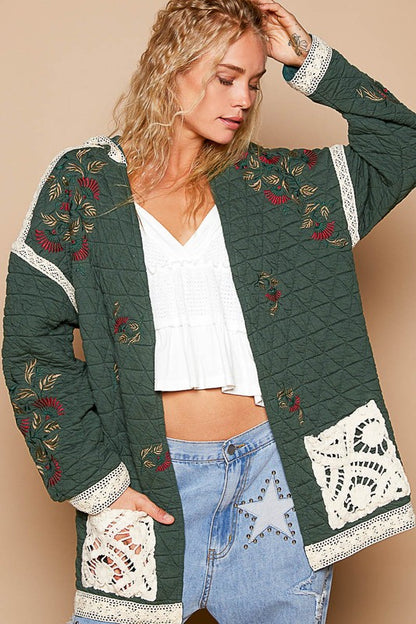 POL - Embroidered Open Front Quilted Hooded Jacket with Crochet Pockets