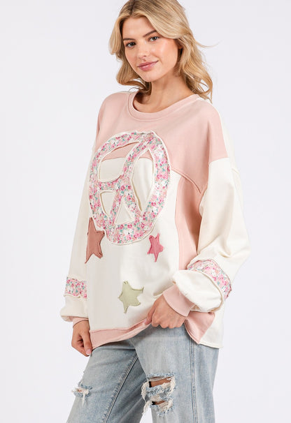 SAGE + FIG - Peace & Star Patch Contrast Round Neck Sweatshirt