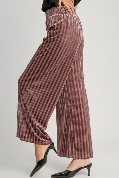 Umgee - Full Size Elastic Waist Striped Wide Leg Velvet Pants