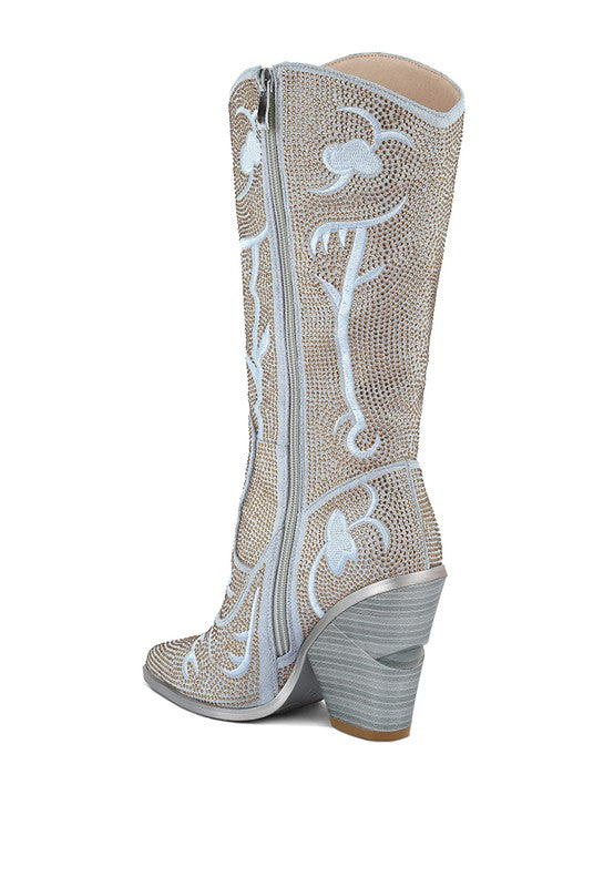 GLIMMER Embroidered Rhinestone Calf Boots