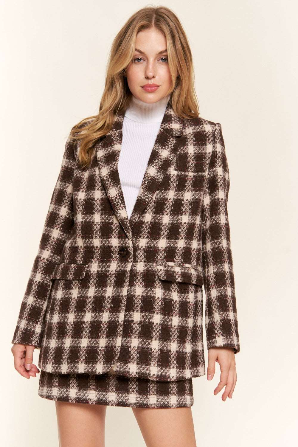 And The Why Full Size Plaid Brushed Blazer