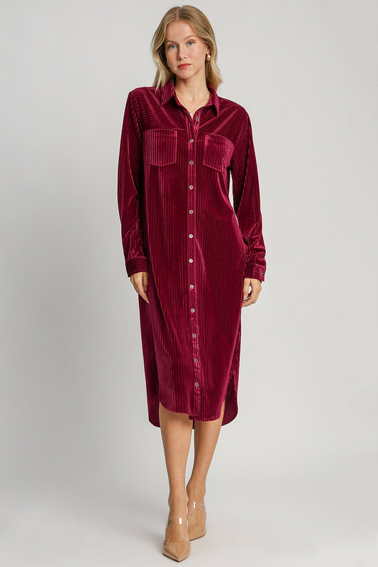 Umgee - Texture Curved Hem Button Down Shirt Dress