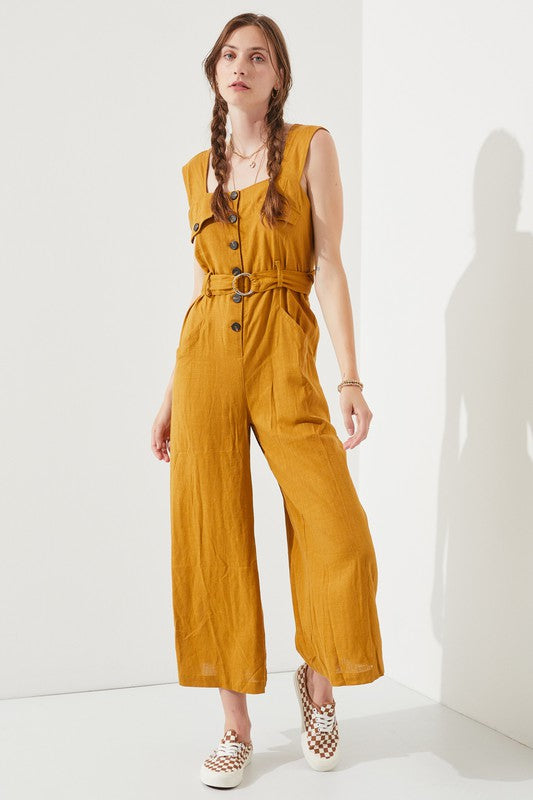 Jade By Jane Plus Size - Square Neck Button-Down Ankle Jumpsuit