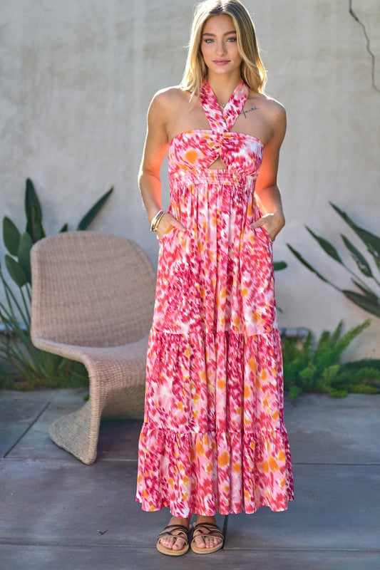 Davi & Dani Printed Halter Maxi Dress