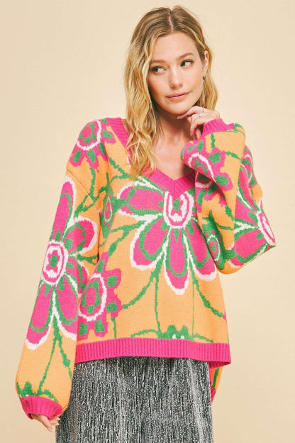 Davi & Dani - Floral Contrast V-Neck Dropped Shoulder Sweater