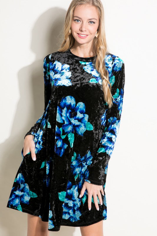 e Luna Floral Print Velvet Swing Dress