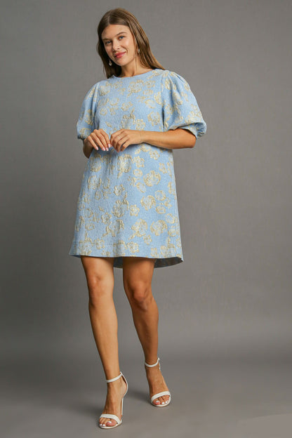 Umgee - Floral Jacquard Puff Sleeve Mini Dress