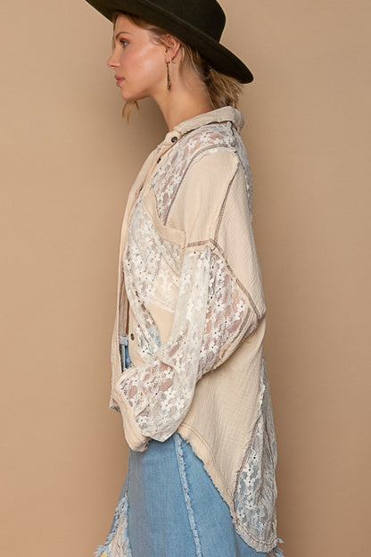 POL Oversized Lace Button-Down Shirt