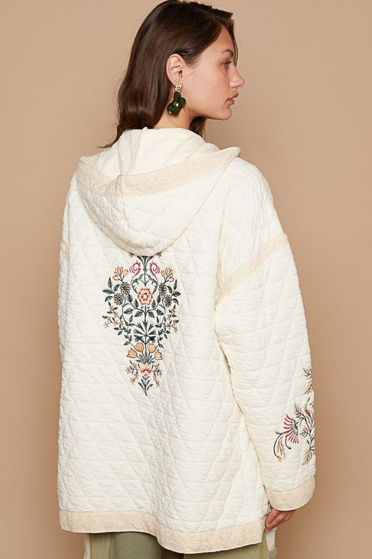 POL - Embroidered Open Front Quilted Hooded Jacket with Crochet Pockets