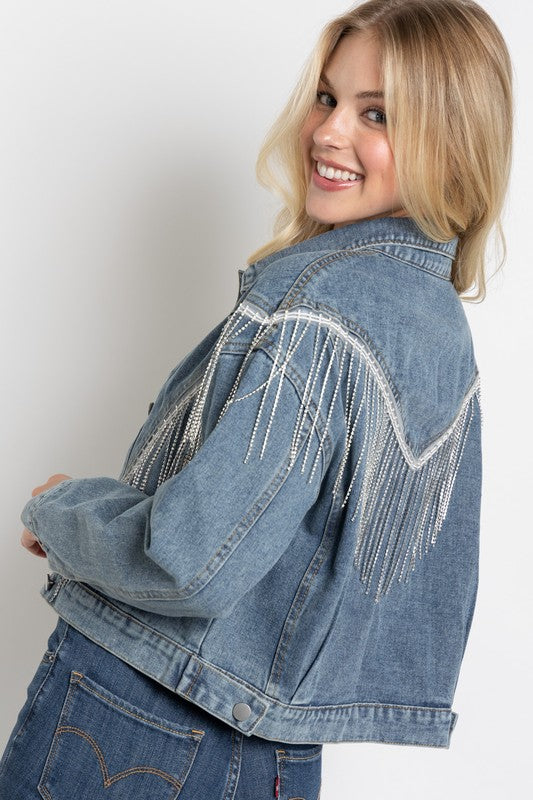 Sweet Generis Crop Denim Jacket with Rhinestone Fringe