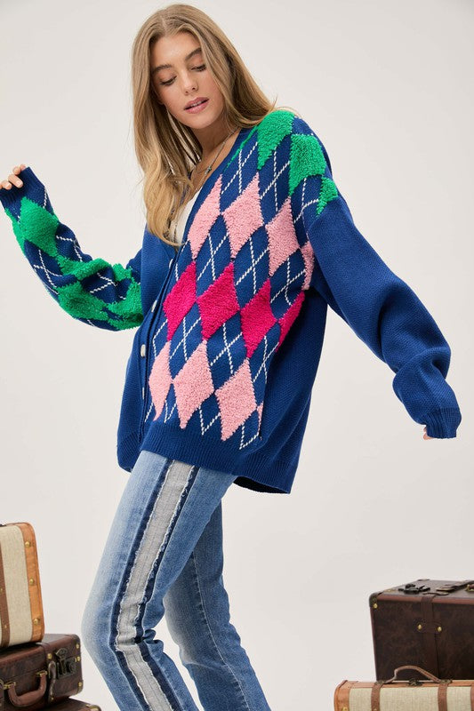 Davi & Dani Plush Argyle Knit Cardigan