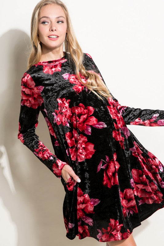 e Luna Floral Print Velvet Swing Dress