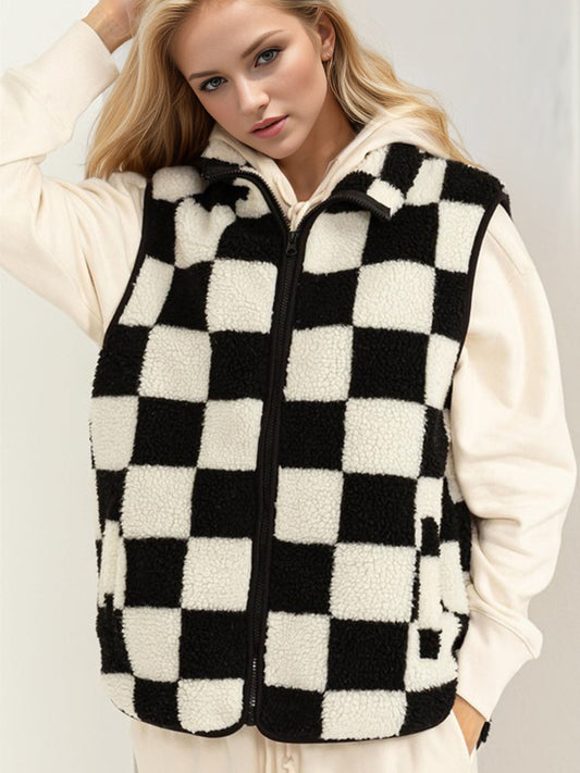 Double Take Full Size Zip Up Checkered Vest