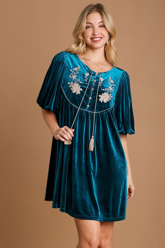 Umgee - Embroidered Half Sleeve Velvet Mini Dress with Tassel