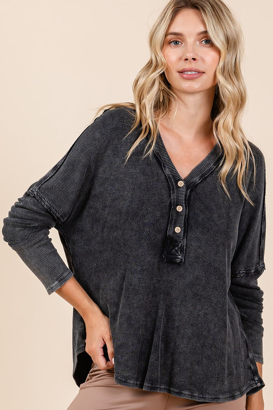 Mittoshop - Washed V-Neck Long Sleeve Blouse