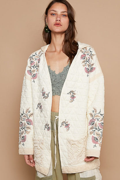 POL - Embroidered Open Front Quilted Hooded Jacket with Crochet Pockets