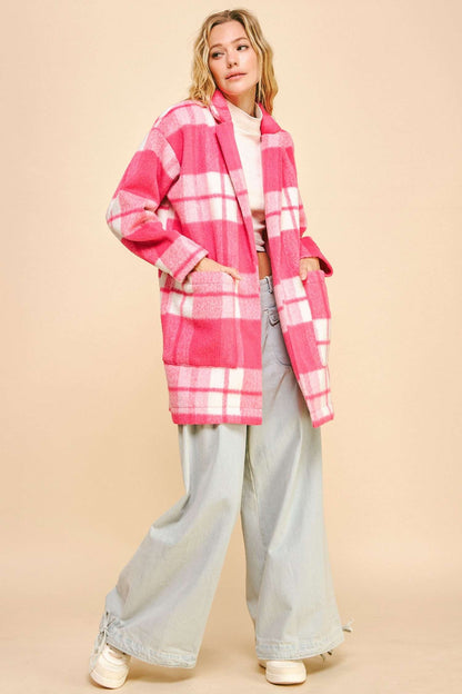 Davi & Dani - Plaid Open Front Drop Shoulder Longline Coat