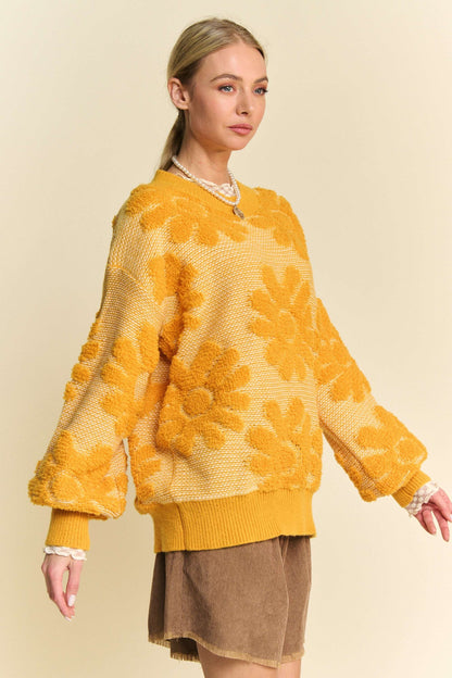 Davi & Dani - Flower Texture Round Neck Dropped Shoulder Sweater