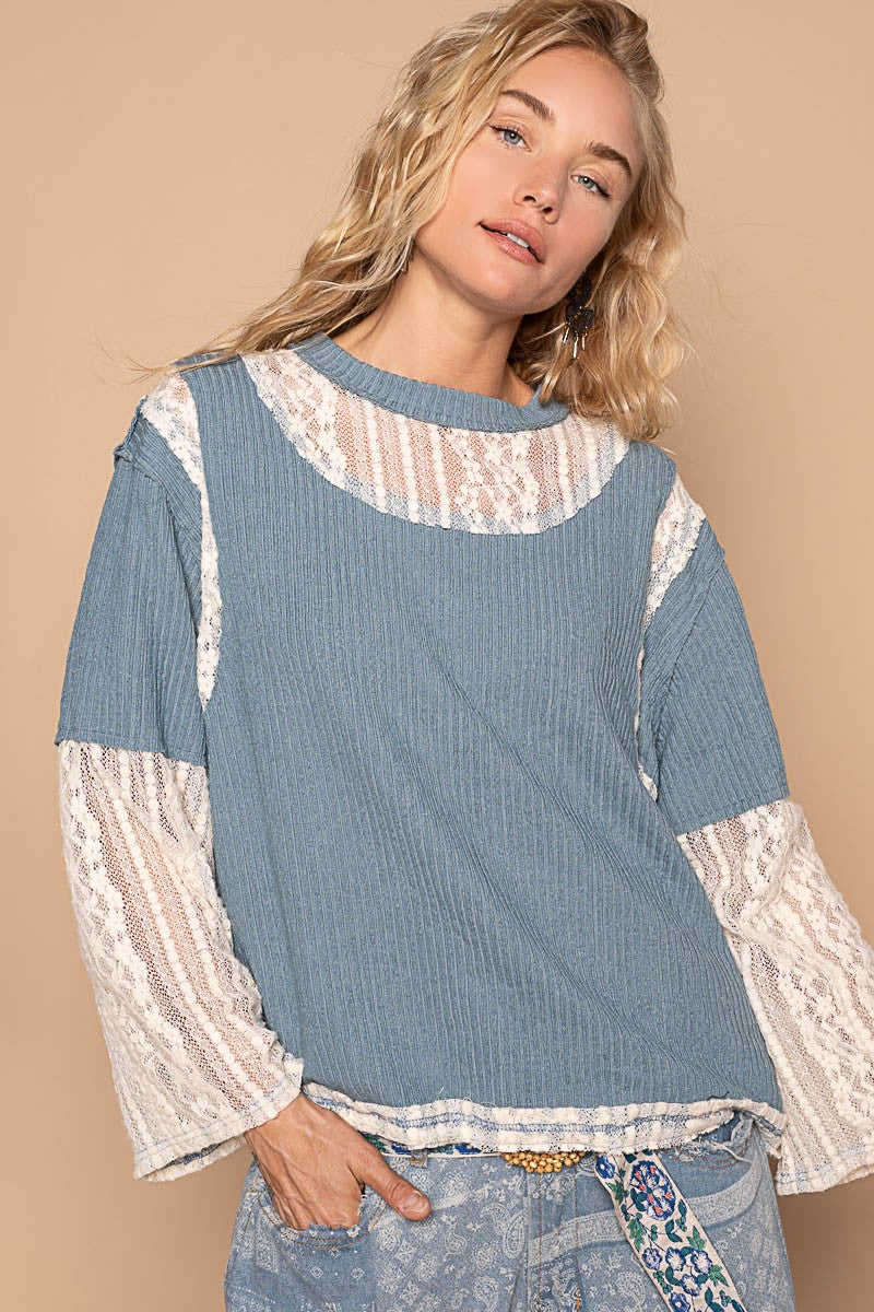 POL Lace Panel Round Neck Long Sleeve Top