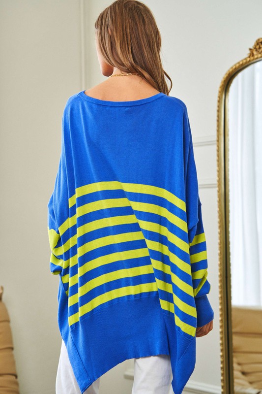 Davi & Dani Loose Fit Multi Striped Elbow Patch Sweater