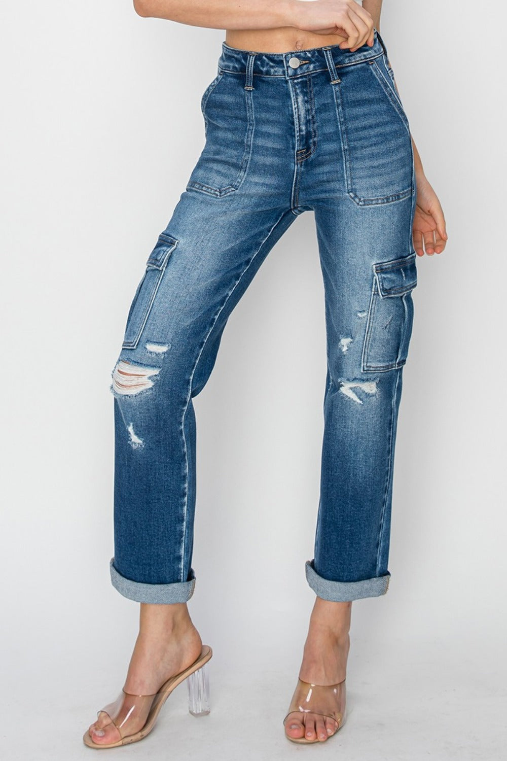 RISEN - Full Size High Rise Cargo Ankle Roll Up Straight Jeans