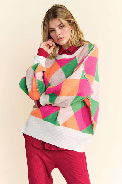 Davi & Dani - Exposed Seam Color Block Dropped Shoulder Sweater