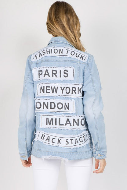 Letter Patched Distressed Denim Jacket