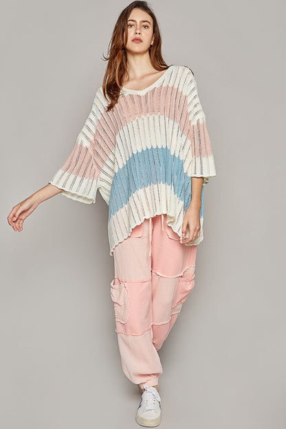 POL V-Neck Stripe Weave Sweater