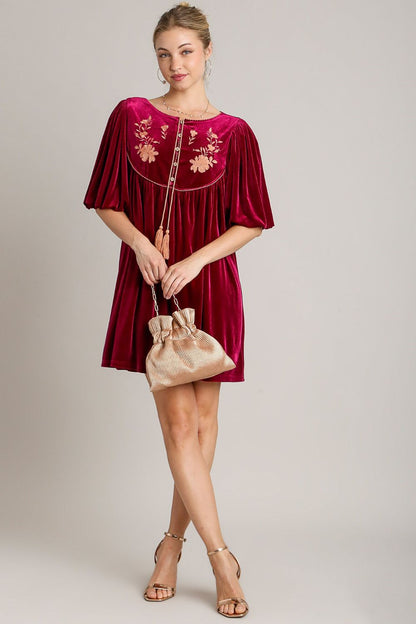 Umgee - Embroidered Half Sleeve Velvet Mini Dress with Tassel