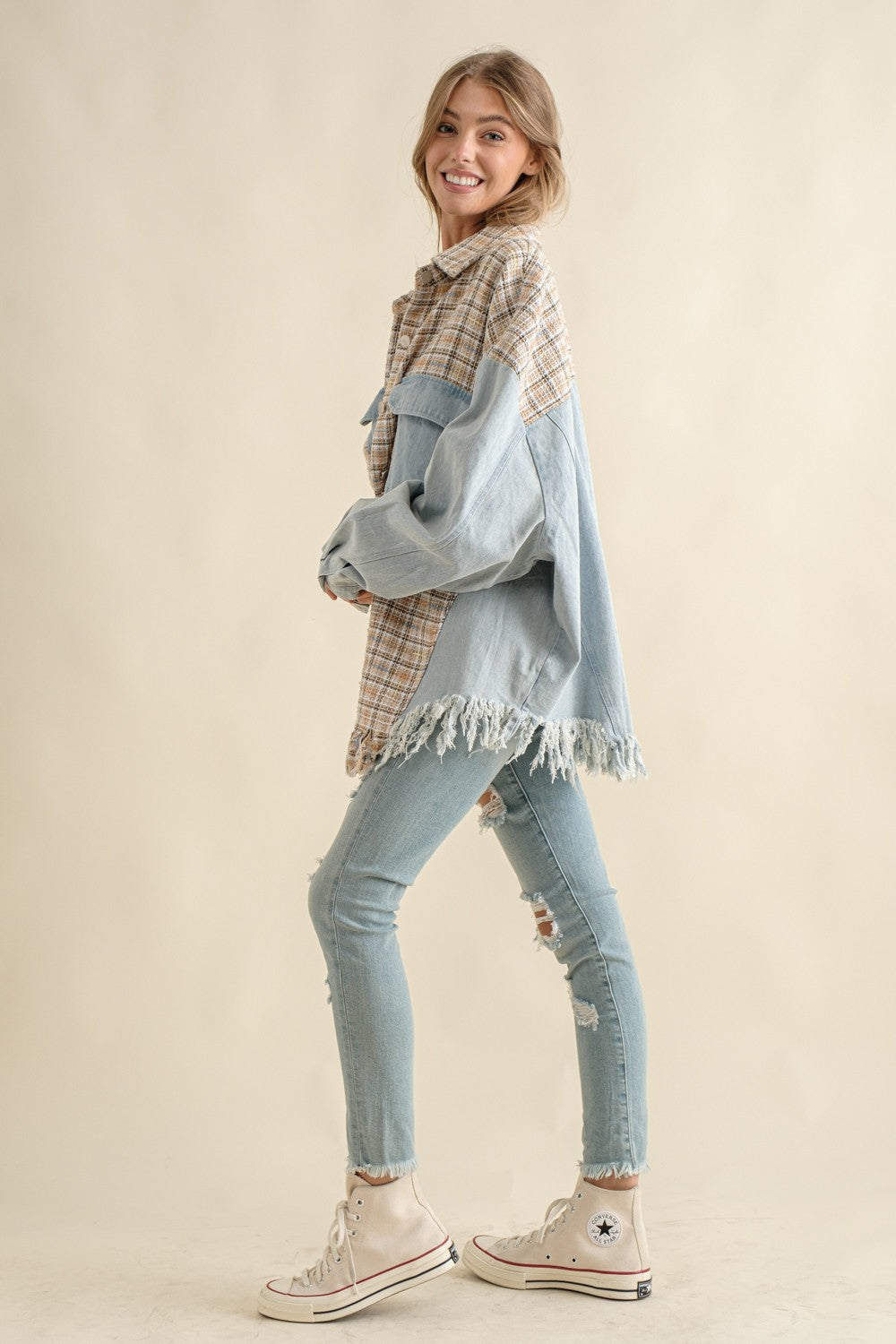 Sweet Generis - Tweed Mixed Denim Shacket with Fringed Hem