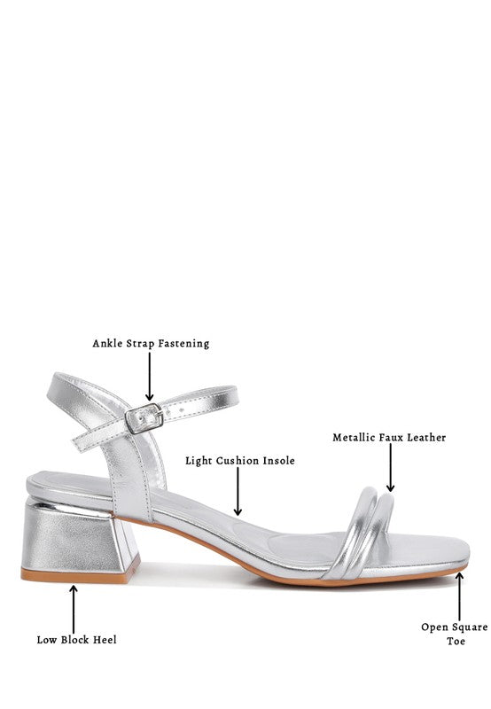 ZABOU Metallic Ankle Strap Low Block Heel Sandal