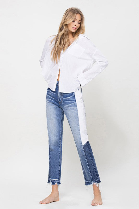 Super High Rise Straight Jeans w/Side Blocking Panel