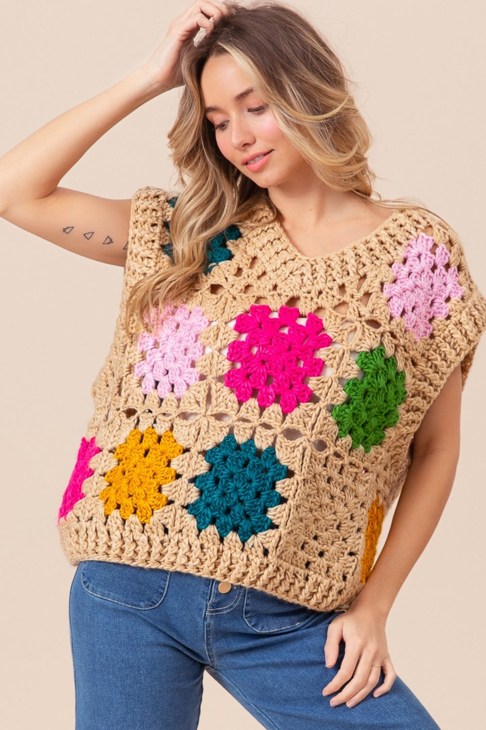 BiBi Granny Square Openwork Sweater