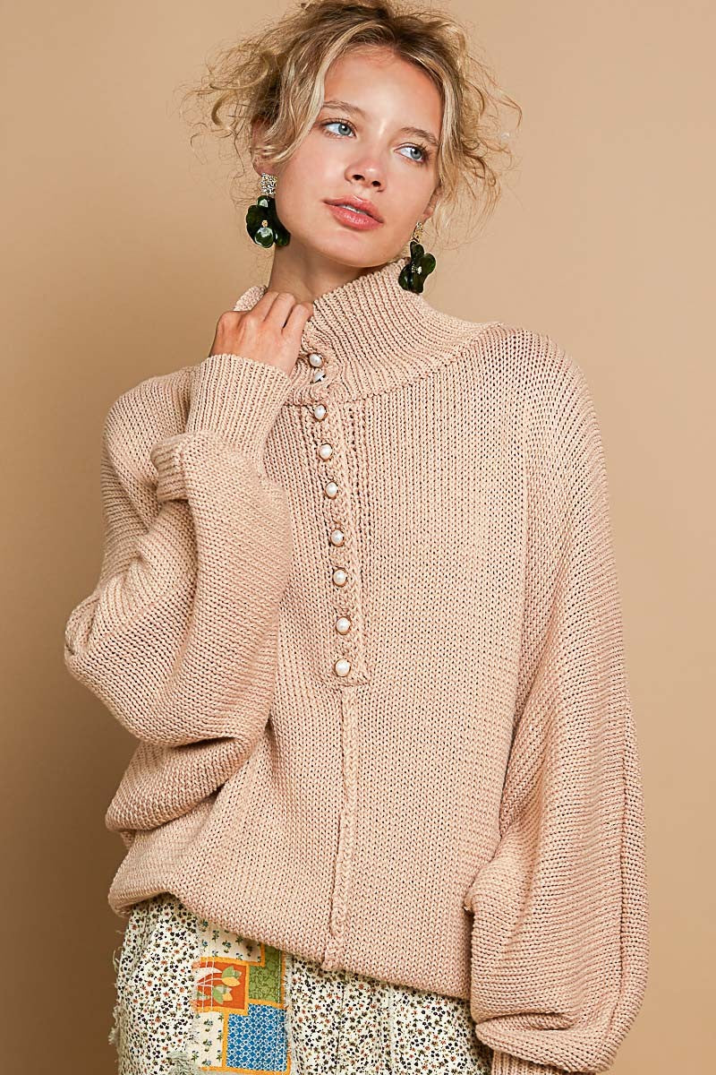 POL Dolman Sleeve Mock Neck Pearl Button Sweater